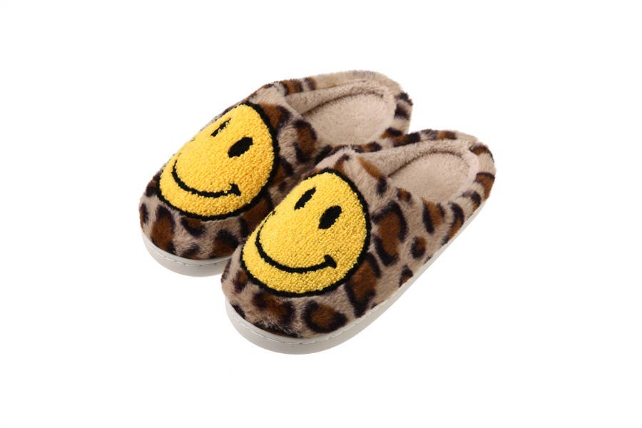 Plush Happy FACE Animal Print Slippers